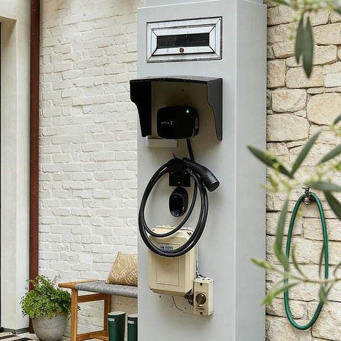 Built Tough Aluminum EV Charger Cover And All Weather Sun Shield For Wall Mounted Electric Vehicle Stations on brick wall.