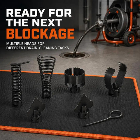 Rock Solid C11 Type Drain Auger Kit With Serrated Cutter Head And Sturdy 32 Mm Sectional Cable, various heads for drain cleaning.