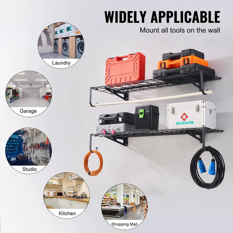 Heavy Duty Wall Mounted Garage Shelving 2 Pack Black Steel Floating Storage Racks For Workspaces Sheds And Garages Tough As Nails 400 Lb Capacity showcasing tools and equipment mounted on shelves.