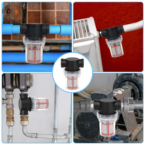 Half Inch Female Npt Inline Strainer Garden Hose Sediment Filter With 200 Mesh Stainless Steel Screen mounted in various plumbing setups.