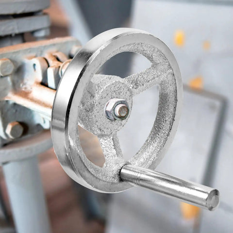 Pro Grade Ergonomic Lathe Hand Wheel Set, Carbon Steel, Chromed Finish, Square Edge Design, 2 Pack Reducing Hand Fatigue For Milling And Drilling Machines, Universal Fit For Long Run Sessions close-up installed