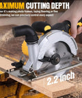 Heavy Hitter 6 Inch Cordless Circular Saw Featuring Brushless Motor 20 Volt Battery Compatible demonstrating cutting depth of 2.2 inches.