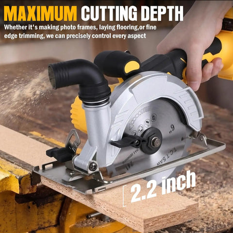 Heavy Hitter 6 Inch Cordless Circular Saw Featuring Brushless Motor 20 Volt Battery Compatible demonstrating cutting depth of 2.2 inches.