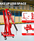Rock Solid Engine Hoist And Folding Hydraulic Crane Featuring Six Low Friction Casters Built In Leveler Tilt Control And Heavy Duty Steel Shop Workhorse Handling 2 Ton 4400 Lbs Loads in folded position.