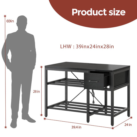 Heavy Duty Metal 3D Printer Stand With Filament Storage And Power Hub Rock Solid Workstation Rig With Tool Drawer, dimensions shown.