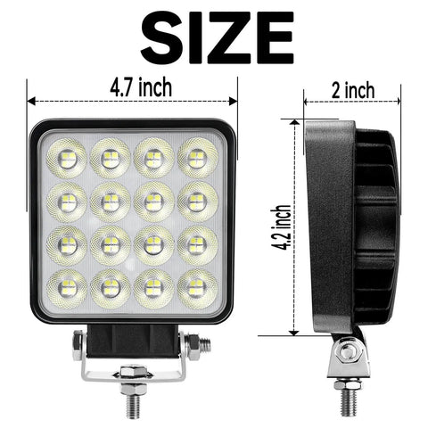 Badass 4 Inch LED Tractor Work Light Bars 12V Flood Beam Off Road Backup Driving Lamps Heavy Duty Pair size 4.7x4.2x2 inches with bright LEDs.