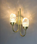 Modern Double Head LED Wall Sconce Rock Solid Hardware Body and Prismatic Crystal Details Knockout Vibe Enhancement in Bedroom or Corridor Luxury Illumination, featuring gold frame and crystal lamps.