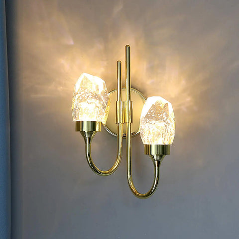 Modern Double Head LED Wall Sconce Rock Solid Hardware Body and Prismatic Crystal Details Knockout Vibe Enhancement in Bedroom or Corridor Luxury Illumination, featuring gold frame and crystal lamps.