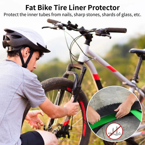 Person adjusting fat bike tire with Two Rolls Fat Bike Tire Liners For Road And Mountain Bikes, Puncture Proof TPU Tire Liner.