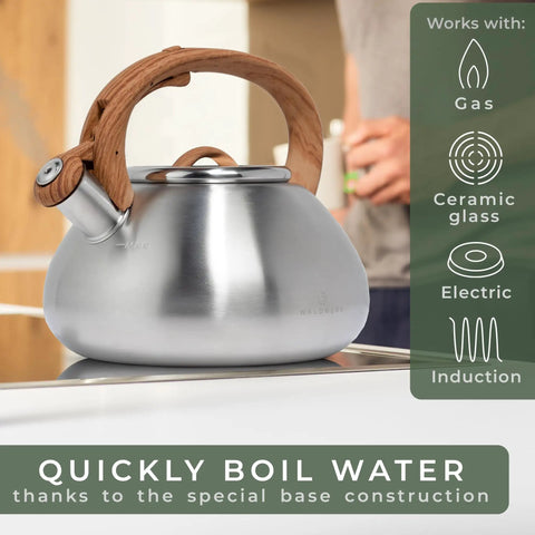 Stovetop Whistling Tea Kettle Two Point Four Quart Stainless Steel For Induction And Gas Stovetops Durable Rust Resistant Teapot