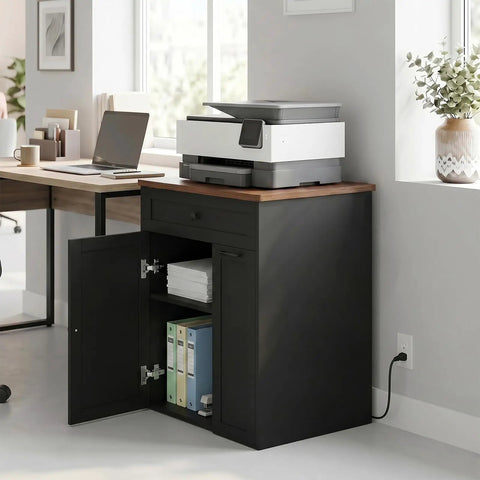 All In One 3D Printer Cabinet With Slick Rolling Filament Storage Drawer For Large Printers And Sweet Workshop Setup with printer and storage.