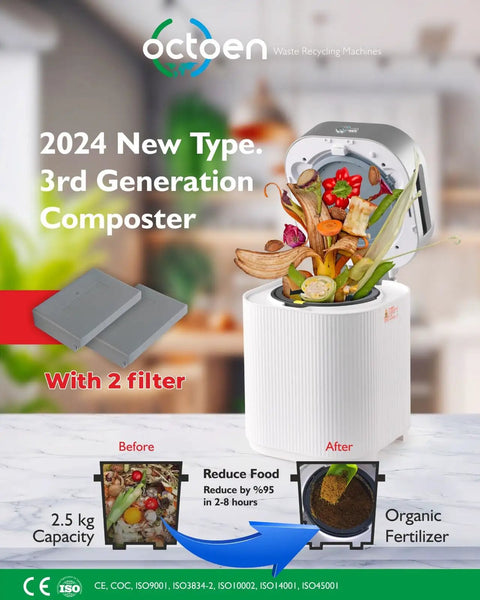 3L Electric Kitchen Composter With UV C Light Sanitizer And Auto Cleaning shown turning food waste into fertilizer on countertop
