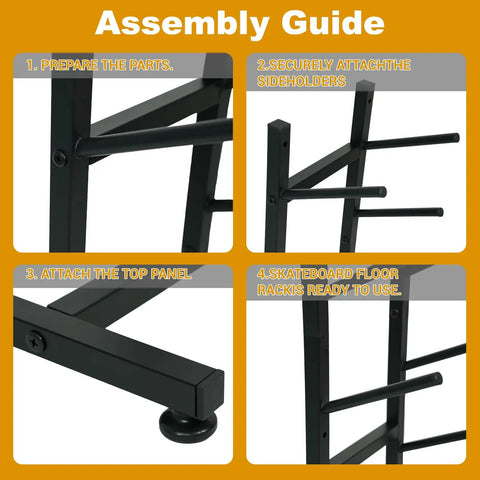 Assembly steps for the Heavy Duty 6 Layer Skateboard Floor Stand And Wall Mount Rack To Park Longboard Cruiser And Mini Deck Plus Snowboard Storage Rack Shop Grade.