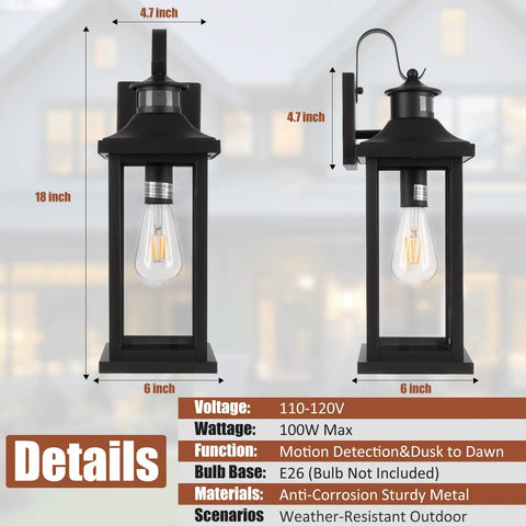 Hella Bright Motion Sensor Porch Light With Slick Dusk To Dawn Detection, 18 inch matte black lantern with E26 socket.