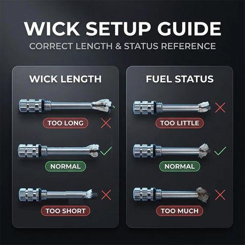 Wick setup guide showing correct length and fuel status for Infinity Lighter All In One Multitool Keychain Bottle Opener