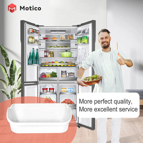 Two Pack Upgraded Fridge Door Bin Replacement Easy Install Heavy Duty ABS Plastic Shelf Bin For 15.38 Inch By 6.69 Inch By 5 Inch Fridge Door Shelves FFSS2614QE6A FFSS2614QS4A next to an open fridge with multiple food items and a man holding a plate of fruits.