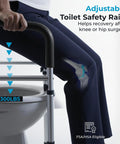 Adjustable Toilet Safety Rails With Hella Tough Handles Builds Rock Solid Support Structure for Elders and Disability Needs Supplies Badass Weight Capacity and Gnarly Anti Slip Texture Secures Your Daily Flush Routine in Black, showing user gripping rails.