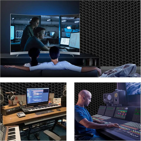 Solid High Density Soundproof Foam Panels Black 48 By 24 Inches Self Adhesive Acoustic Wall Tiles in a modern home studio setting.