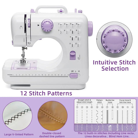 No Fuss Pocket Rocket Mini Sewing Machine With Foot Pedal And Night Light Boasts Twelve Built In Stitches For Diy Crafting And Quick Fixes, showing intuitive stitch selection.
