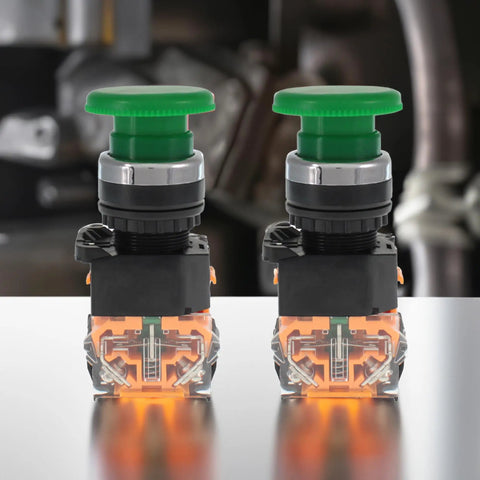 Green Emergency Stop Push Button Switch 22mm Mushroom Head Spring Return 2-Pack with clear housing for easy visibility.
