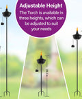 Three Six Pack 24 Oz Outdoor Garden Torch Set With 55 Inch Citronella Metal Torches And 3 Prong Grounded Stakes of varying heights.