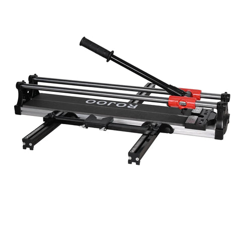 Beefy 24 Inch Manual Tile Cutter Featuring Slick Double Rail Guide System And Wide Aluminum Base Heavy Duty Hand Tool For Cutting Ceramic And Porcelain Floors Fast, close-up view.