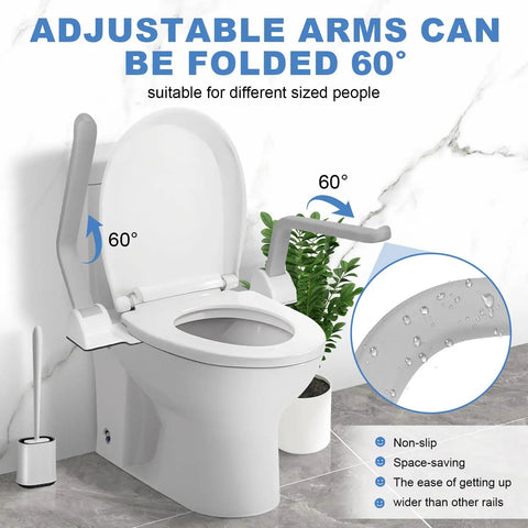 Heavy Duty Toilet Safety Rails For Seniors Featuring Rock Solid Stainless Steel Handles And Upgraded Wall Anchors For Dead Tight Bathroom Support And Steady Confidence with adjustable arms.