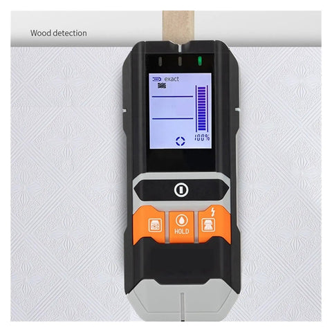 Straight Up Smooth Wall Scanner Featuring No Sweat Stud Detection And Deep Metal Sensor For Total DIY Home Repairs Plus Quick AC Voltage Tracking And Precision Moisture Measurement For Any Gig Project displaying wood detection on screen.