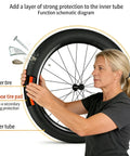 Woman demonstrating Two Pack Bike Tire Liners With 1.3mm TPU Puncture Protection on a bicycle wheel