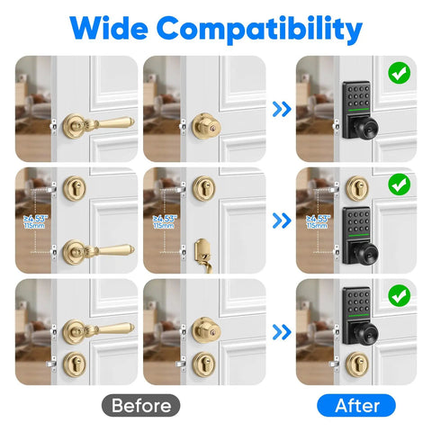 Game Changer Keyless Entry Deadbolt Door Lock with Sleek Knobs supports easy compatibility upgrade on doors shown before and after.
