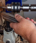 Pro Grade Woodturning Tool Rest Platform With Post And Collar For Scrapers And Turning Tools, Hollowing Ready, Beefy Stainless Steel Platform, 5 7 Or 9 Inch Lengths, 1 Inch Post, 7 Inch Wide Rest, USA Made on lathe with hand