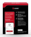 Product box for Hardwired Smart Smoke Detector With App Alerts And AA Backup To Halt False Alarms Fast And Keep You Looped In On Dangers Anywhere With Whole Home Linking For Serious Peace Of Mind showing features and setup instructions.