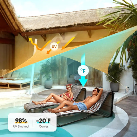 24x24 Ft Large Oversized 185G HDPE Square Sun Shade Sail Canopy With 98 Percent UV Block for outdoor patio and garden use.