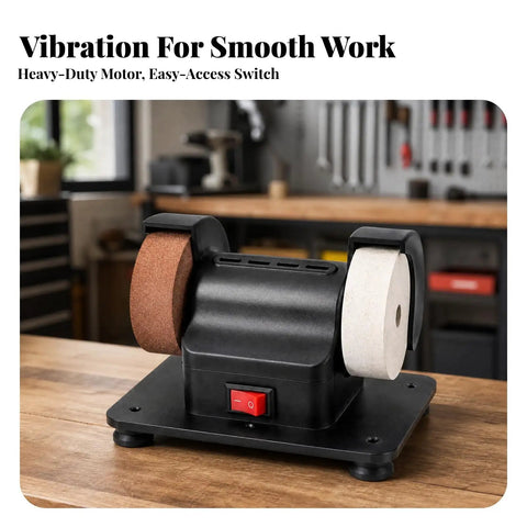 Beefy Dual Wheel Bench Grinder Compact Benchtop Machine With Heavy Duty Build And High Torque Motor Slick For Polishing Rust Removal And Tool Sharpening Pro Level Performance For Your Garage Setup on wooden workbench with dual abrasive wheels.