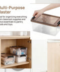 Eight Pack Small Clear Storage Bins With Lids 3.2 Qt Stackable Plastic Storage Containers in use for organizing towels in cabinet