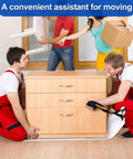Two Pack Appliance Sliders for Refrigerators With Pull Straps Plastic Glide Furniture Moving Slides for Tile and Hardwood Floors Protect Floors While You Move Heavy Appliances used by movers to lift a wooden dresser in a room.