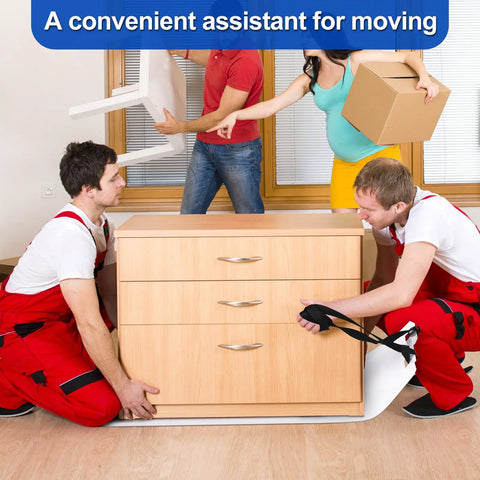 Two Pack Appliance Sliders for Refrigerators With Pull Straps Plastic Glide Furniture Moving Slides for Tile and Hardwood Floors Protect Floors While You Move Heavy Appliances used by movers to lift a wooden dresser in a room.