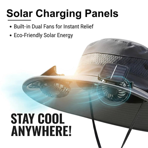 Wide Brim Solar Fan Hat With Built-In Cooling, UPF Fifty Plus Sun Protection showing solar panel and dual fans