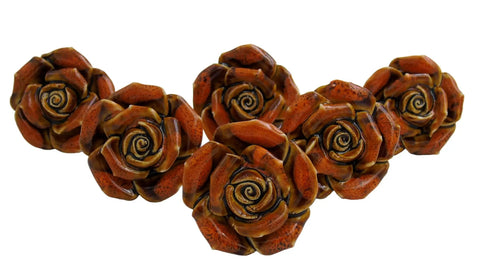 Top Shelf Vintage Floral Ceramic Cabinet Knobs And Dresser Drawer Pulls In Radiant Red Featuring Durable Construction Plus Easy Peasy Mounting Screws Included Fast - close-up of five ceramic rose knobs.