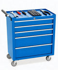 Badass Heavy Duty Five Drawer Rolling Tool Chest With Top Shelf Lock And Ridiculously Smooth Wheels For Hella Secure Garage Storage And Pro Shop Organization Built Tough In Blue, shown with tools on top.