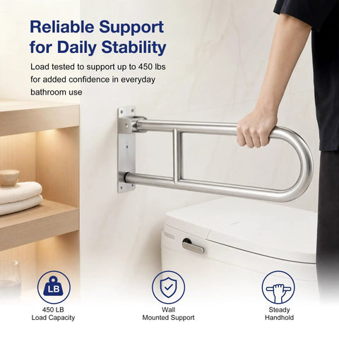 Foldable Toilet Grab Bar 24 Inch Stainless Steel Handrail mounted for safe bathroom use, supporting 450 lb load capacity.