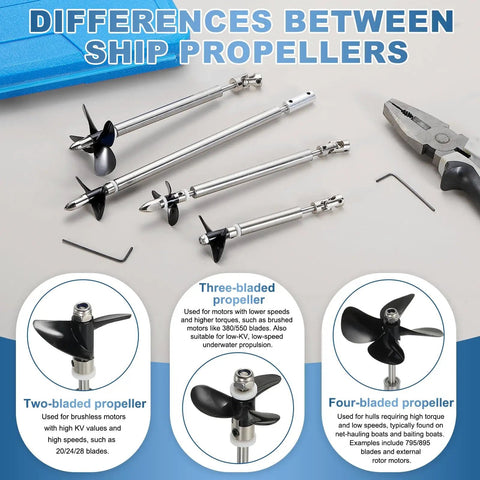 Comparison of two, three, and four-bladed propellers alongside Drive Shaft Four Propeller And Coupling Joint For RC Boat Coupler Assemble Kit with 12.5 cm shaft, 8 cm sleeve, 5.5 cm propeller diameter, fits 5 mm motor shaft for DIY model boats and assembly tools.