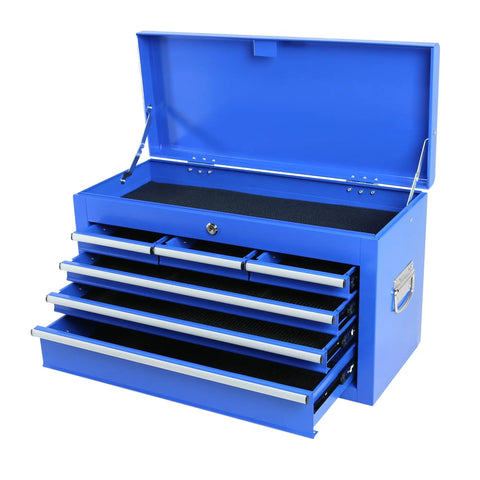 Built Tight Eight Drawer Rolling Tool Chest With Fully Lined Drawers And Locking Base Cabinet For No Mess Garages And Heavy Duty Shop Rigs In True Blue, open front view.