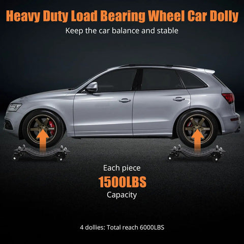 Heavy Duty Car Wheel Dolly Set Of 4 with a silver SUV, highlighting load capacity of 1500 lbs per dolly for stability.