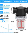 Half Inch Female Npt Inline Strainer Garden Hose Sediment Filter With 200 Mesh Stainless Steel Screen showing dimensions and features.