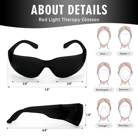 Top Shelf Red Light Therapy Glasses for Killer Eye Protection Against Tanning and Ipl Lasers, Blocks 600 to 900 Nm Rays to Save Your Peepers, displaying dimensions.
