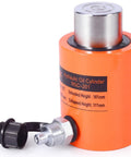Top Shelf 20 Ton Hydraulic Cylinder Jack For Beefy Industrial Lifting And Pushing Orange Steel Body close-up with specs and connection detail.