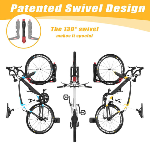 No Sweat Swivel Wall Mount Bicycle Rack With Rock Solid U Shaped Wheel Cradle Hanger showcases patented 130° swivel design with bikes.