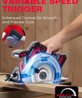 This Badass 6.5 Inch Cordless Circular Saw Packs An 8000 Rpm Brushless Motor in use, showcasing the variable speed trigger feature.