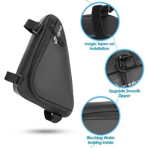 Road And Mountain Bike Tire Repair Kit With Waterproof Frame Bag showing black waterproof bag with smooth zipper and magic tape straps.